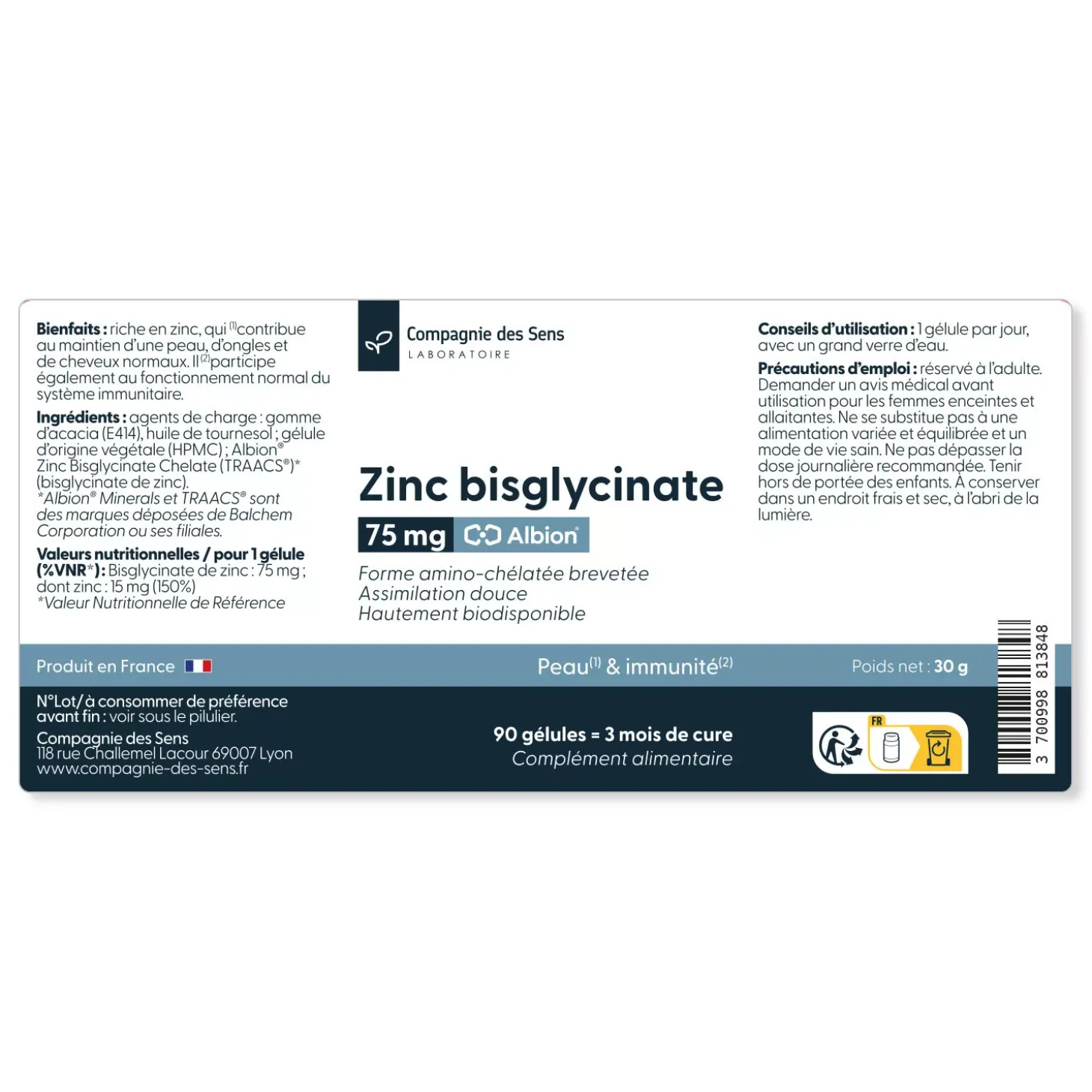Bisglycinate de Zinc breveté Albion sf 75mg