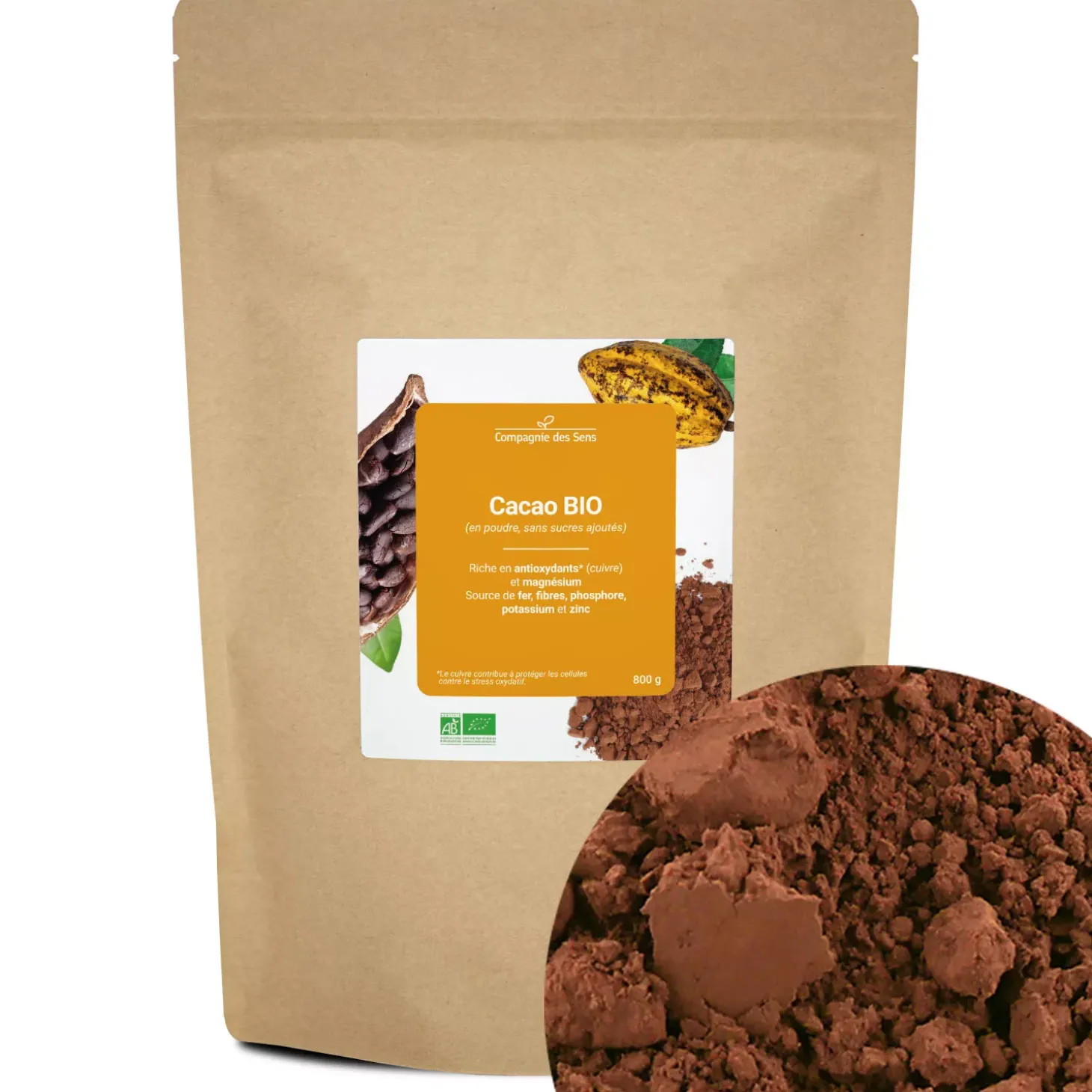 Cacao bio (en poudre, sans sucres ajoutés)
