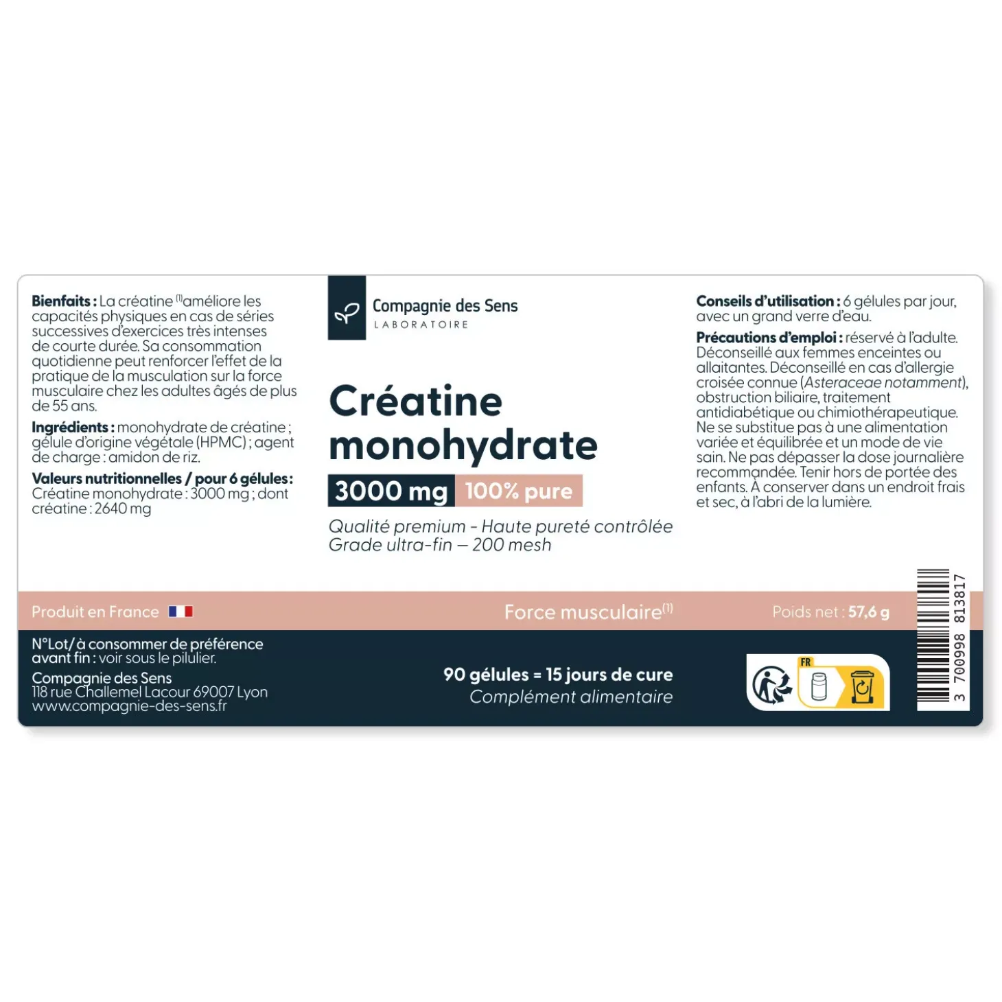 Créatine monohydrate 200 mesh 3000mg